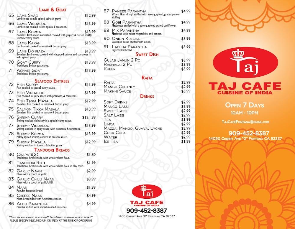 Taj Cafe Fontana CA - Menu Scan 2